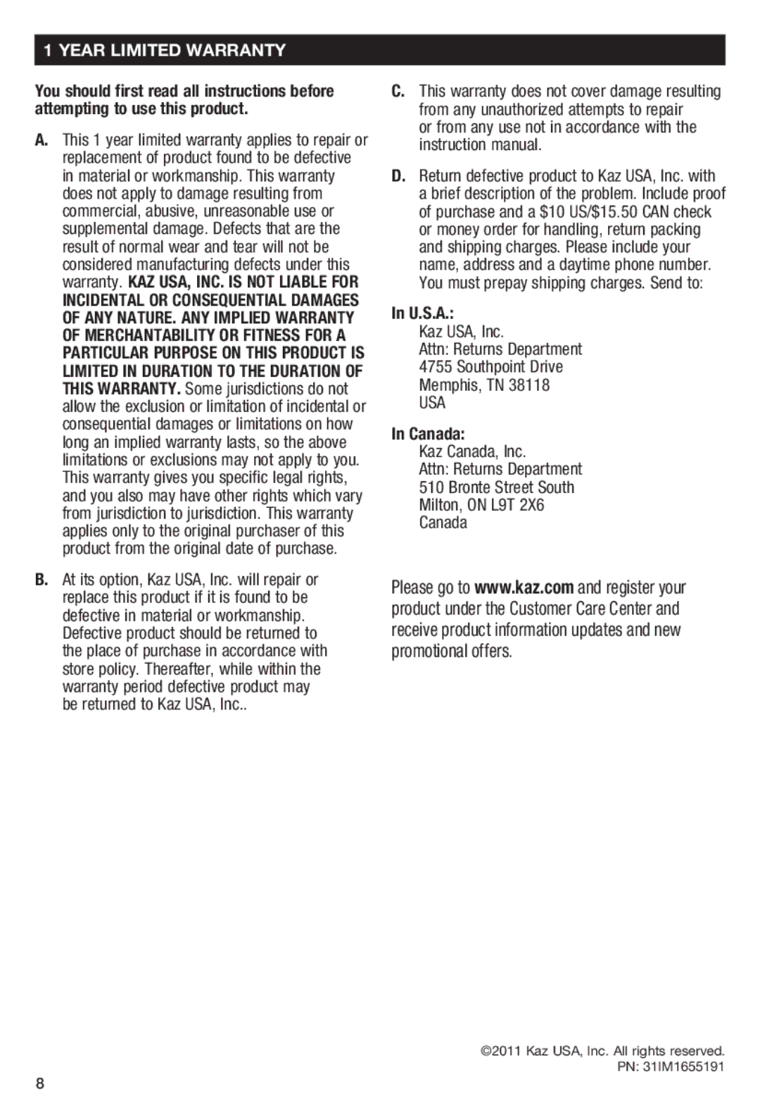 Honeywell HS1665 important safety instructions Year LIMITED WARRANTY, U.S.A, Canada 